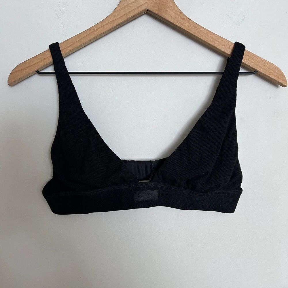 SKIMS Cotton Rib Plunge Bralette Black Size L Stretch Triangle Bra